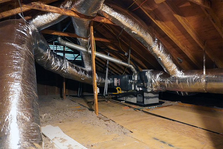 Newly installed air ducts in attic