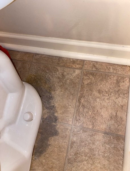 Closeup of toilet leak on tile flooring